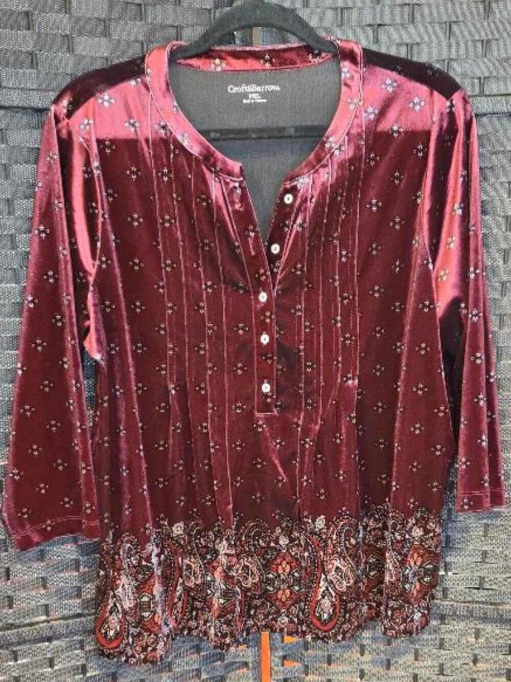 Croft & Barrow Burgundy Velvet Paisley Henley Tunic Top